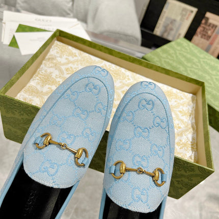 MEN'S LOAFER WITH HORSEBIT IN LIGHT BLUE MONOGRAM JACQUARD FABRIC