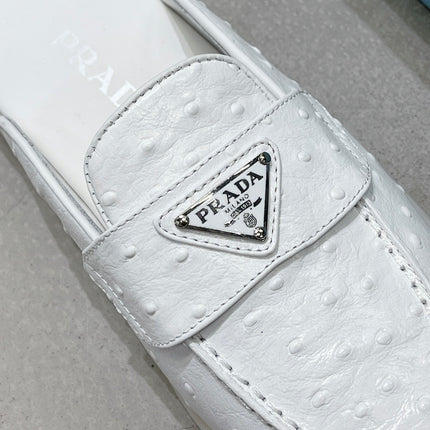 PRA OSTRICH PATTERN MULES WHITE CALFSKIN