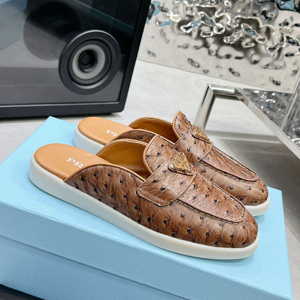 PRA OSTRICH PATTERN MULES CARAMEL CALFSKIN