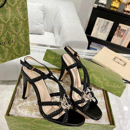 GG CRYSTAL HIGH HEEL SANDAL BLACK CALFSKIN SPECIAL