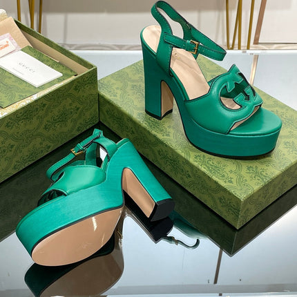 GG 120 INTERLOCKING G SANDAL JADE GREEN CALFSKIN