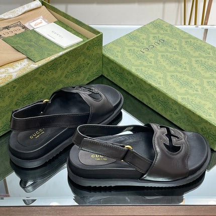 GG INTERLOCKING G CUT OUT SANDAL BLACK LAMBSKIN
