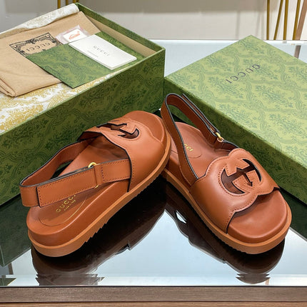 GG INTERLOCKING G CUT OUT SANDAL CARAMEL LAMBSKIN