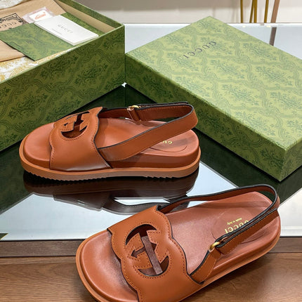 GG INTERLOCKING G CUT OUT SANDAL CARAMEL LAMBSKIN