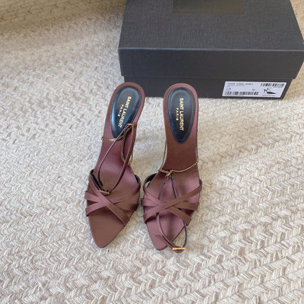 CROSS STRAP HIGH HEEL IN CHESTNUT SILK GOLD CHAIN