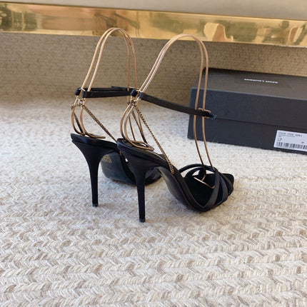 CROSS STRAP HIGH HEEL IN BLACK SILK GOLD CHAIN