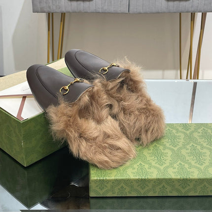 HORSEBIT MULE IN MOCHA BROWN CALFSKIN AND LAMB WOOL LINING