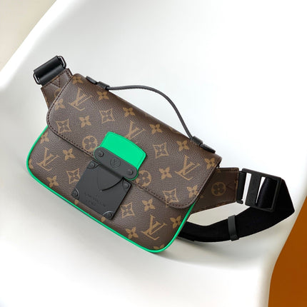 LV 25S S LOCK MESSENGER BAG 21 IN NEON JADE AND BROWN MONOGRAM MACASSAR CALFSKIN