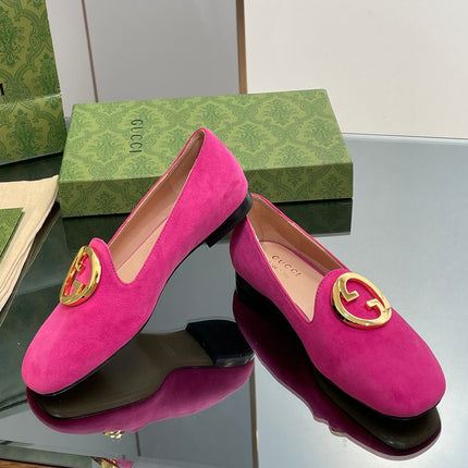 BLONDIE LOGO-PLAQUE LOAFERS IN FUSCIA PINK SUEDE WITH GOLD HARDWARE