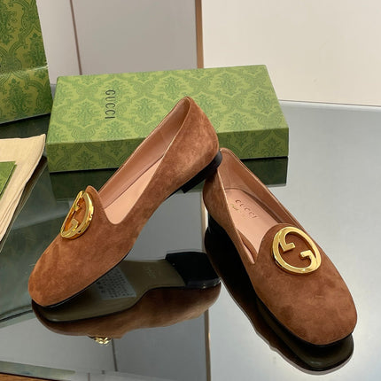 BLONDIE LOGO-PLAQUE LOAFERS IN BRONZE BROWN SUEDE WITH GOLD HARDWARE