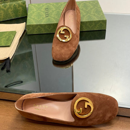 BLONDIE LOGO-PLAQUE LOAFERS IN BRONZE BROWN SUEDE WITH GOLD HARDWARE
