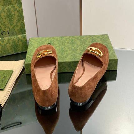 BLONDIE LOGO-PLAQUE LOAFERS IN BRONZE BROWN SUEDE WITH GOLD HARDWARE