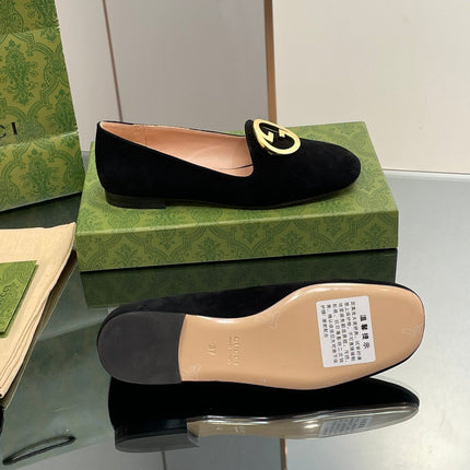 BLONDIE LOGO-PLAQUE LOAFERS IN BLACK SUEDE WITH GOLD HARDWARE