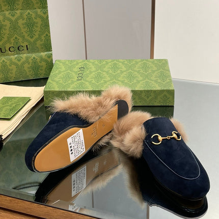 HORSEBIT MULE IN NAVY BLUE SUEDE AND LAMB WOOL LINING