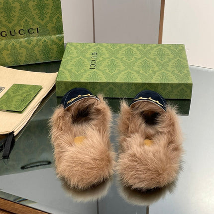 HORSEBIT MULE IN NAVY BLUE SUEDE AND LAMB WOOL LINING