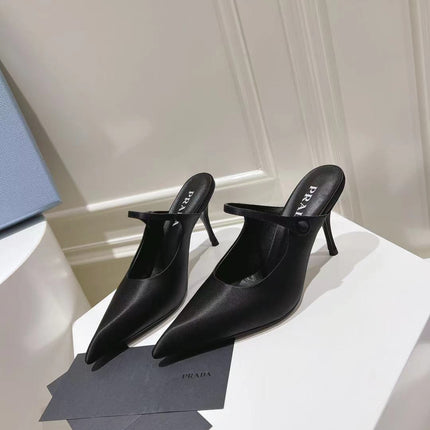PRA HIGH-HEELED MULES BLACK SATIN