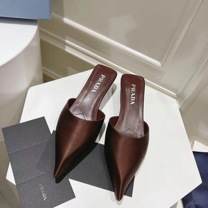 PRA POINTED-TOE MULES CHOCOLATE SATIN