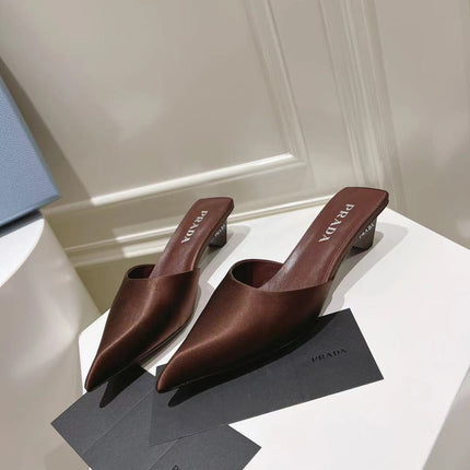 PRA POINTED-TOE MULES CHOCOLATE SATIN