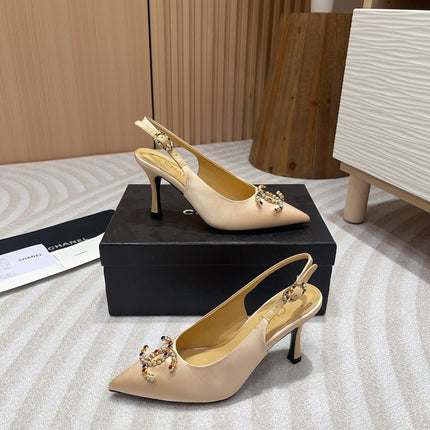CC HIGH SLINGBACKS BEIGE CREAM SATIN AND LAMBSKIN
