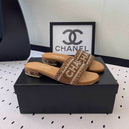 CC RHINESTONE LETTER SLIPPERS CINNAMON BROWN LAMBSKIN