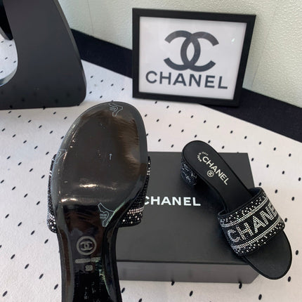 CC RHINESTONE LETTER HIGH HEELS BLACK AND WHITE LAMBSKIN