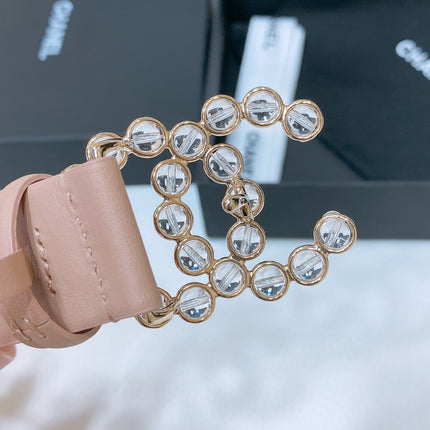 CC BELT 30 MM IN ALMOND BEIGE CALFSKIN PEARL LOGO WITH GOLD HARDWARE