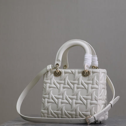 LADY BAG 24 IN WHITE GRAPHIC CANNAGE CALFSKIN PALE GOLD-FINISH METAL CHARMS