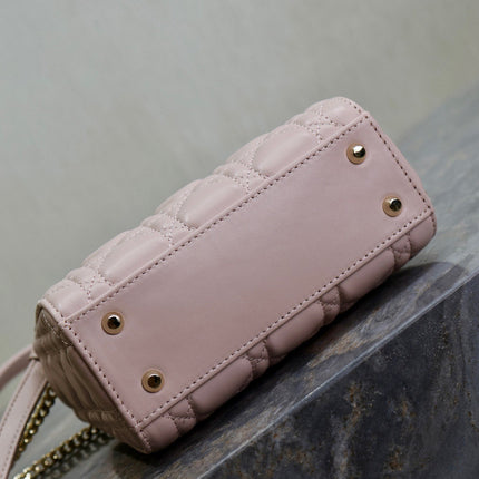 MINI LADY BAG 17 IN BABY PINK QUILTED MACROCANNAGE CALFSKIN SWAMP YELLOW STRAP