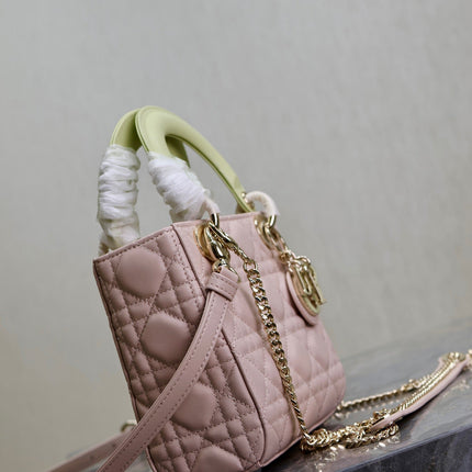 MINI LADY BAG 17 IN BABY PINK QUILTED MACROCANNAGE CALFSKIN SWAMP YELLOW STRAP