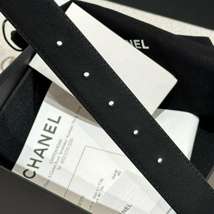 DOUBLE C BELT 30MM IN BLACK CALFSKIN EMBOSSED LOGO GOLD BUCKLE