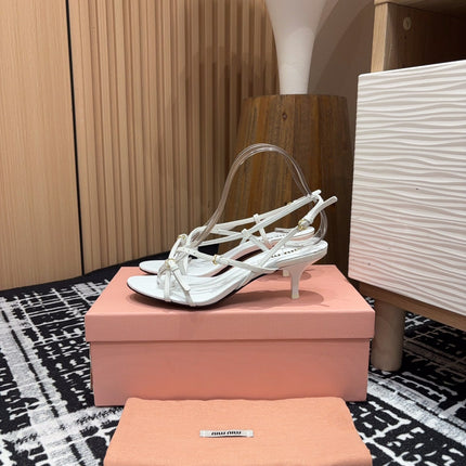 STRAP HIGH HEEL SANDALS IN WHITE SHINY LAMBSKIN