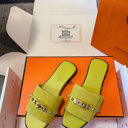 GIULIA FLAT SANDAL IN NEON YELLOW SUEDE