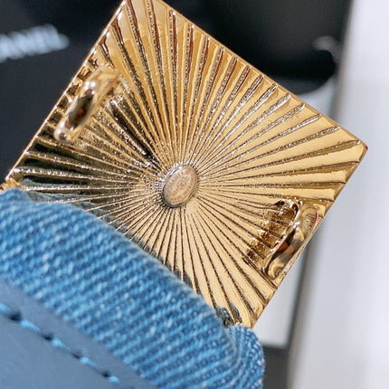 DOUBLE C ELASTIC BELT 30MM IN BLUE DENIM SQUARE GOLD BUCKLE BLACK LOGO