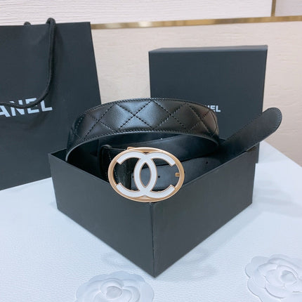 DOUBLE C BELT 38MM IN BLACK QUILTED LAMBSKIN GOLD OVAL BUCKLE CENTERED WHITE LOGO