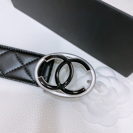 DOUBLE C BELT 38MM IN BLACK QUILTED LAMBSKIN SILVER OVAL BUCKLE CENTERED BLACK LOGO