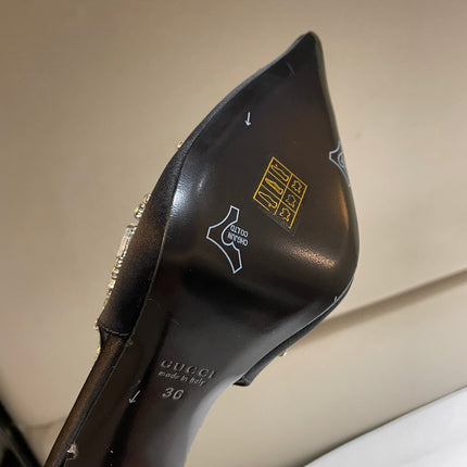GG HIGH SLINGBACK 105 IN BLACK SATIN WITH CRYSTAL DIAMONDS