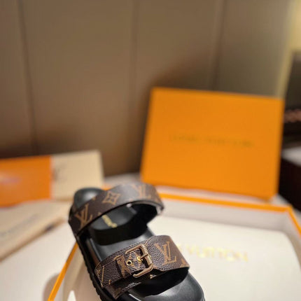 LV GOLD BUCKLE SANDALS IN BROWN MONOGRAM CANVAS