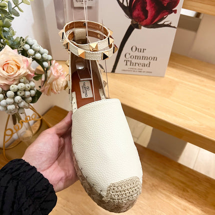 WHITE LEATHER ROCKSTUD ESPADRILLES ANKLE STRAP FLATS