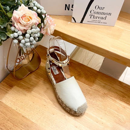 WHITE LEATHER ROCKSTUD ESPADRILLES ANKLE STRAP FLATS