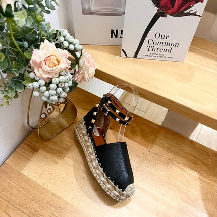 BLACK LEATHER ROCKSTUD ESPADRILLES ANKLE STRAP FLATS