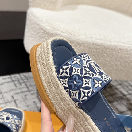 LV PLATFORM ESPADRILLE SANDALS 25S IN DARK BLUE FABRIC
