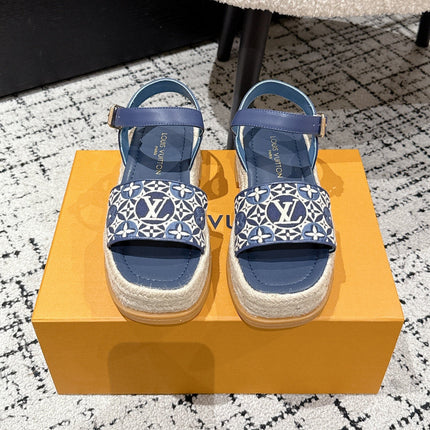 LV PLATFORM ESPADRILLE SANDALS 25S IN DARK BLUE FABRIC
