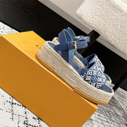 LV PLATFORM ESPADRILLE SANDALS 25S IN DARK BLUE FABRIC
