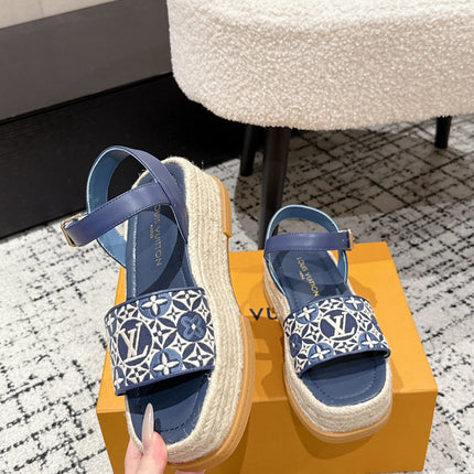 LV PLATFORM ESPADRILLE SANDALS 25S IN DARK BLUE FABRIC