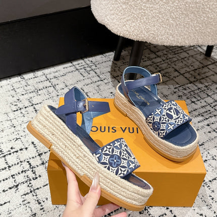 LV PLATFORM ESPADRILLE SANDALS 25S IN DARK BLUE FABRIC