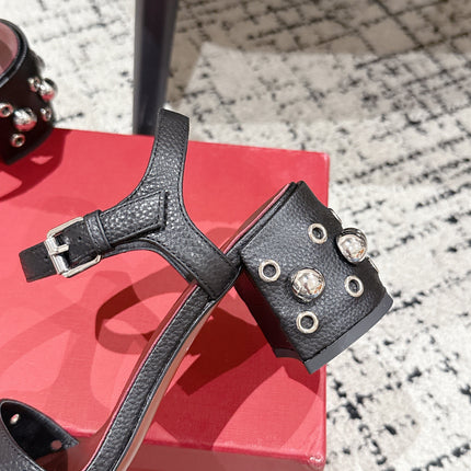 VLTN STUDDED BLOCK HEEL SANDALS 25S 60 MM IN BLACK LAMBSKIN