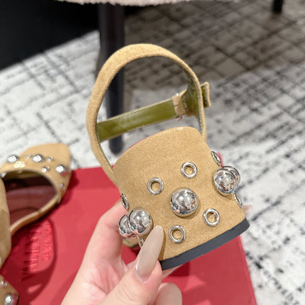 VLTN STUDDED BLOCK HEEL SANDALS 25S 60 MM IN LIGHT BROWN SUEDE