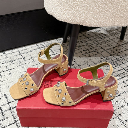 VLTN STUDDED BLOCK HEEL SANDALS 25S 60 MM IN LIGHT BROWN SUEDE