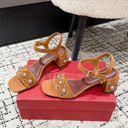 VLTN STUDDED BLOCK HEEL SANDALS 25S 60 MM IN BROWN SUEDE