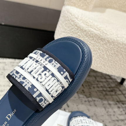DIOR SLIDES 25S IN DUSTY NAVY BLUE LAMBSKIN AND FABIRC WITH BRAND LOGO STYLE 2